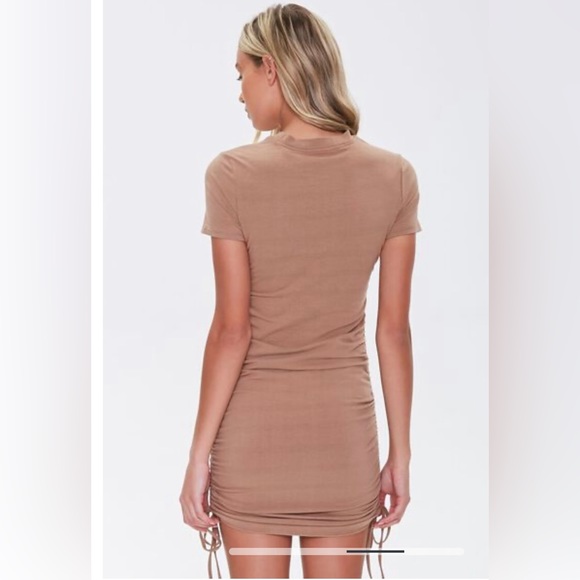 Forever 21 Knit T-Shirt Ruched Side Drawstring Tie Bodycon Mini Dress Brown S - Picture 4 of 7